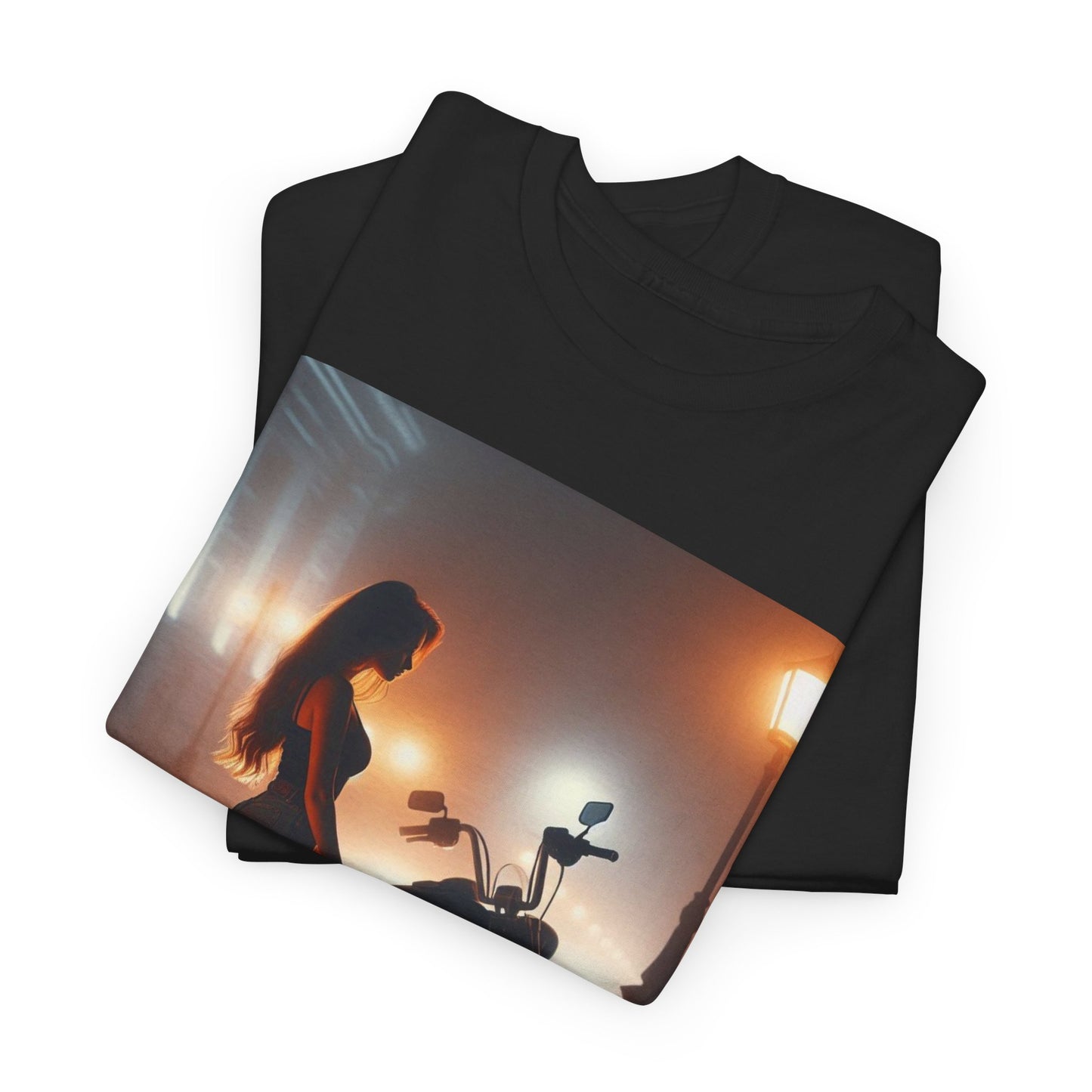 T-Shirt Pinup Biker Nighttime City Scene Unisex Heavy Cotton Tee