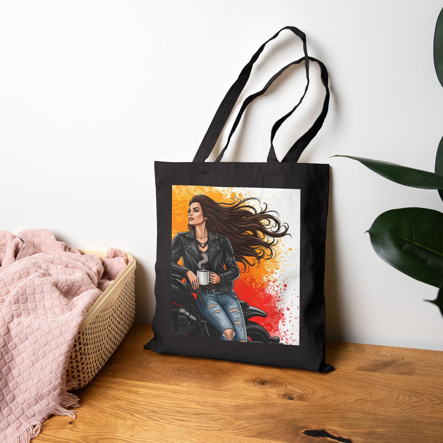 Edgy Biker Tote Bag, Stylish Canvas Bag, Coffee Lovers Tote, Gift for Bikers, Chic Reusable Shopping Bag