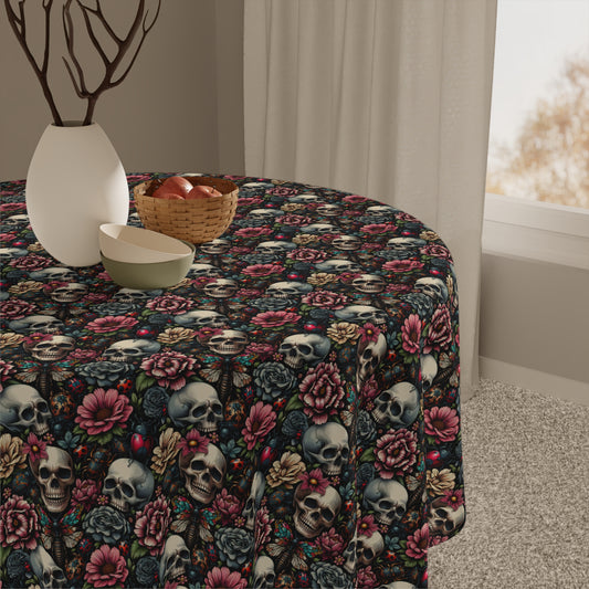 Tablecloth, Gothic Floral Skulls Perfect for Halloween Decor, Boho Style, Vintage Floral Design