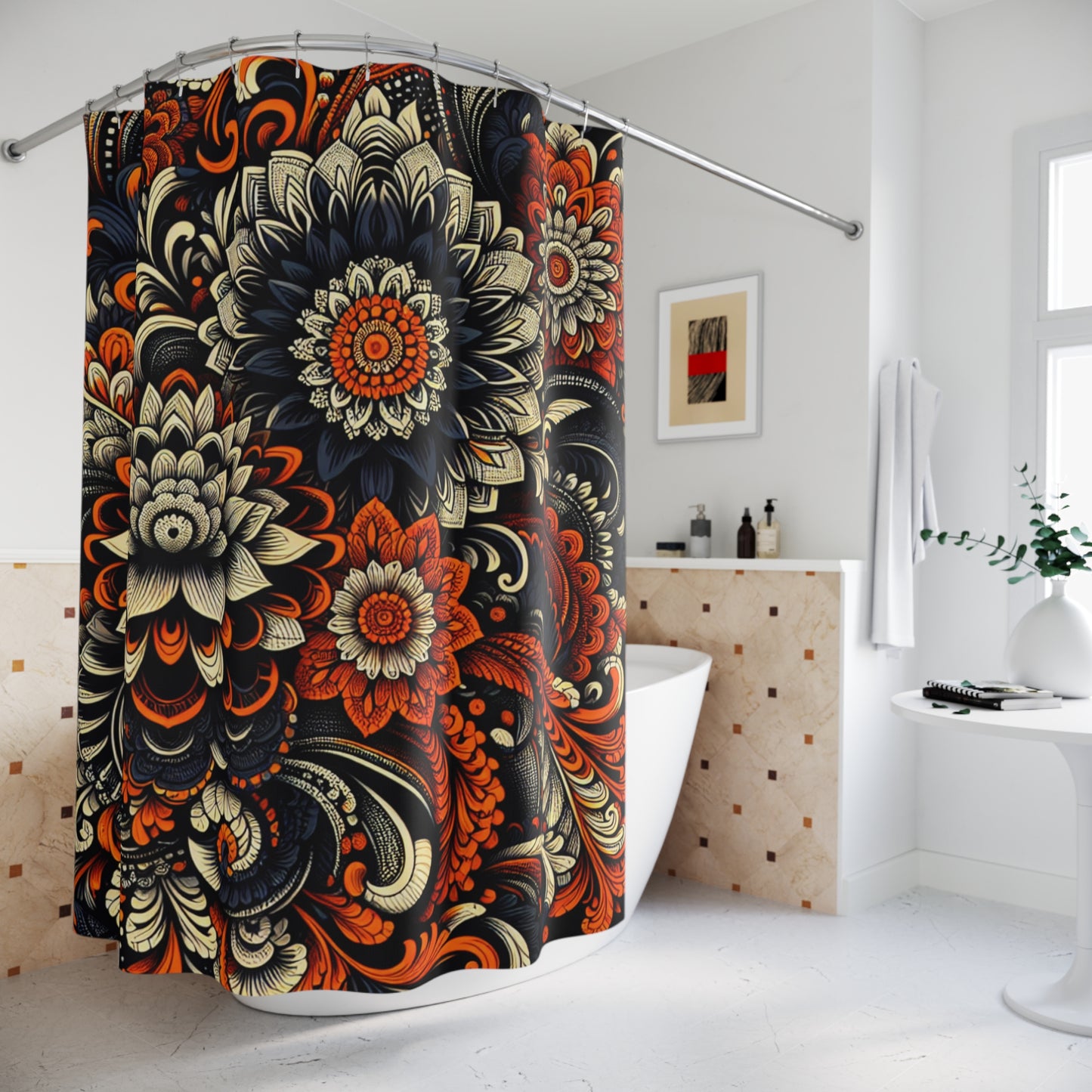 Shower Curtain - Black and Orange Tapestry-Large Flower Pattern-Floral Bathroom