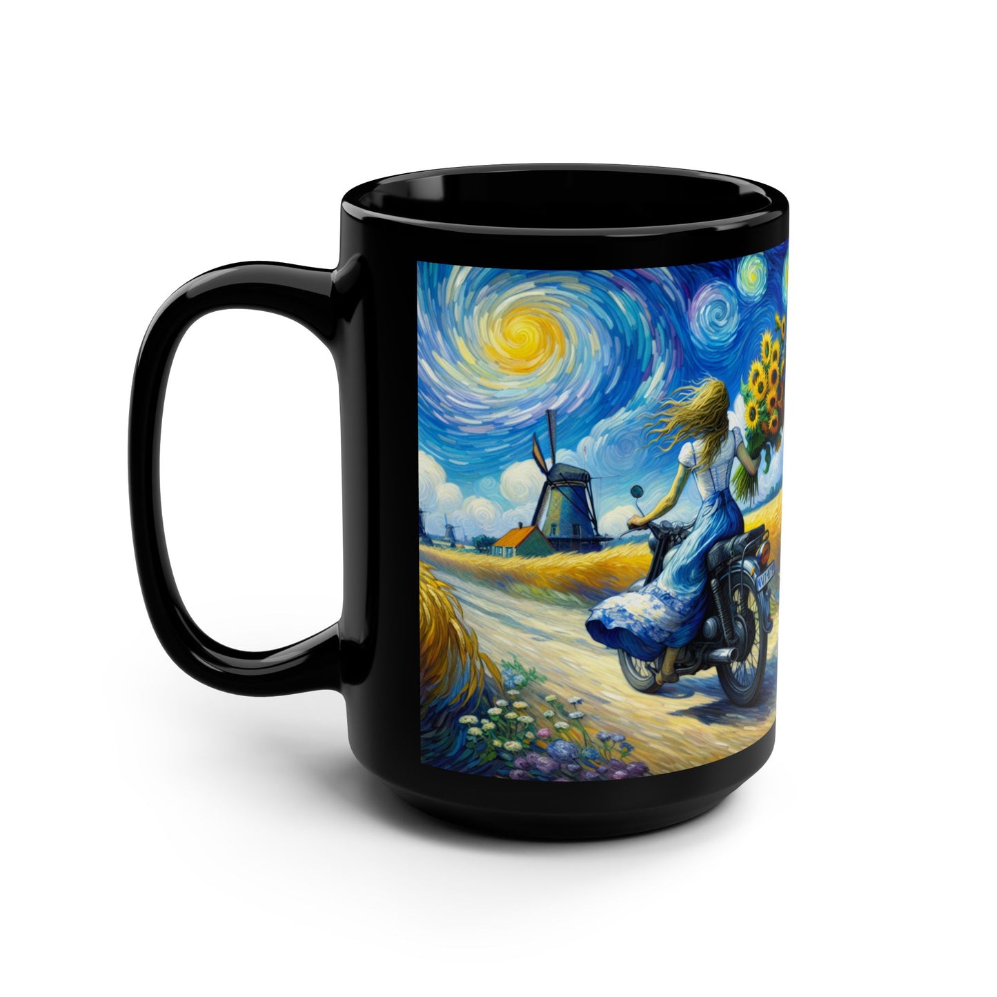 Van Gogh Inspired Artistic 15oz Black Mug - Vintage Inspired Sunflower & Motorcycle Design