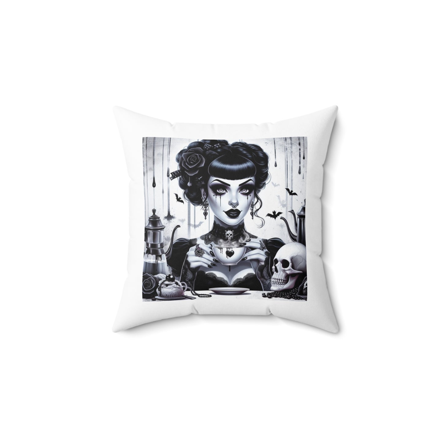 Square Pillow - Gothic Pinup and Skull Crossbones Reversible Design