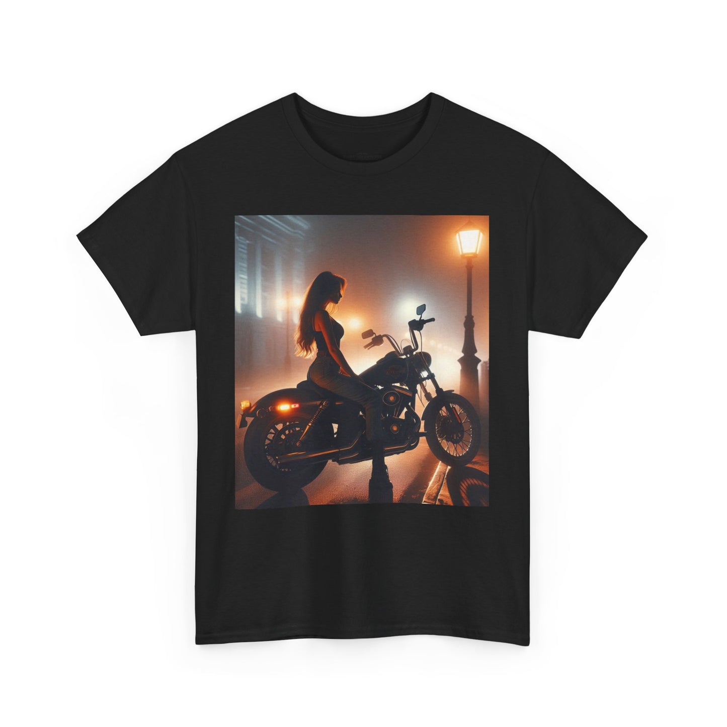 T-Shirt Pinup Biker Nighttime City Scene Unisex Heavy Cotton Tee