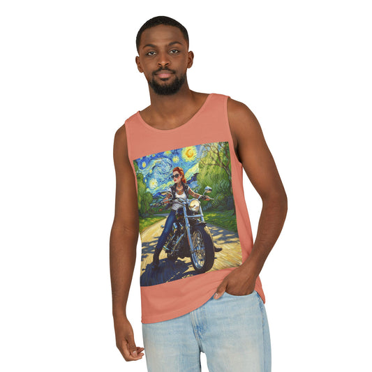 Vibrant Motorcycle Art Tank Top, Unisex Summer Tee, Biker Gift, Vintage Style Clothing, Casual Throwback Fashion, Perfect for Rides